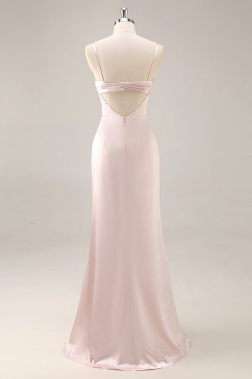 Candy Pink Satin Ruched Mermaid Long Bridesmaid Dress with Slit